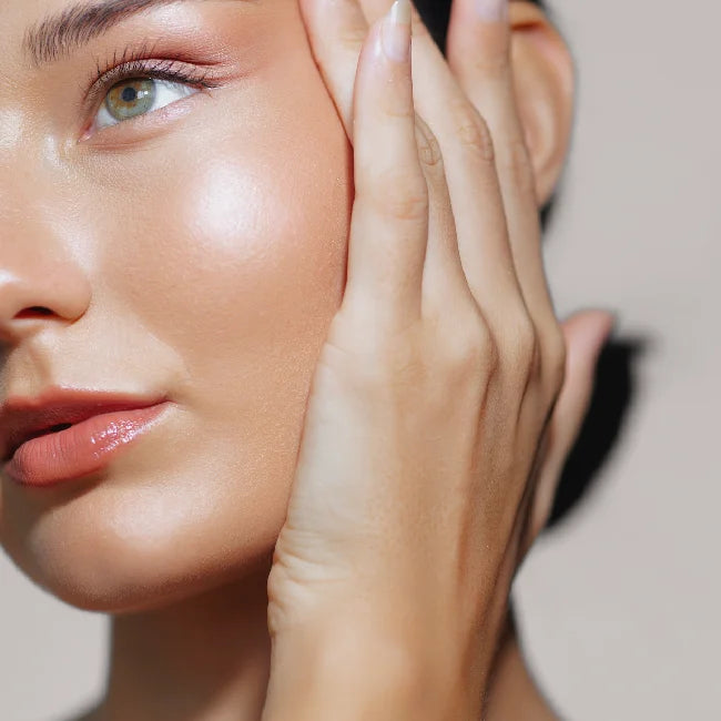 A skincare model holding the side of her face
